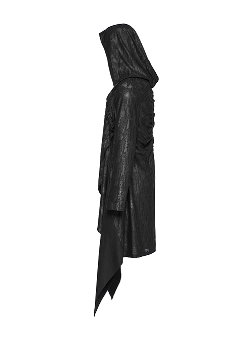 Black Loose Taped Knitted Pointed Hem With Eyelet String Gothic Style Hooded Long Coat