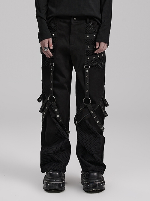 Personalized Black Stretch Twill Spliced Cracked Leather Front Removable Leather Tab With Metal Studs Embellished Punk Style Wide Leg Trousers