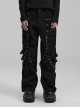 Personalized Black Stretch Twill Spliced Cracked Leather Front Removable Leather Tab With Metal Studs Embellished Punk Style Wide Leg Trousers