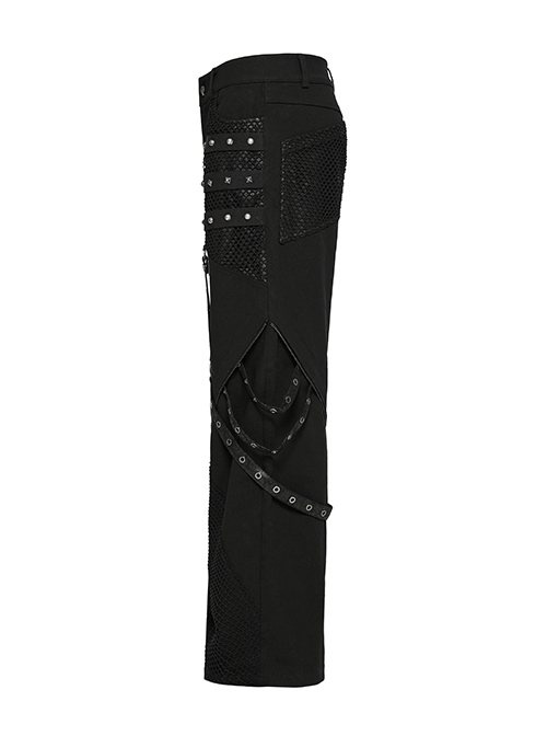 Personalized Black Stretch Twill Spliced Cracked Leather Front Removable Leather Tab With Metal Studs Embellished Punk Style Wide Leg Trousers