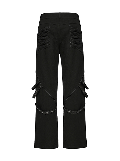 Personalized Black Stretch Twill Spliced Cracked Leather Front Removable Leather Tab With Metal Studs Embellished Punk Style Wide Leg Trousers