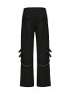 Personalized Black Stretch Twill Spliced Cracked Leather Front Removable Leather Tab With Metal Studs Embellished Punk Style Wide Leg Trousers