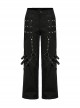 Personalized Black Stretch Twill Spliced Cracked Leather Front Removable Leather Tab With Metal Studs Embellished Punk Style Wide Leg Trousers