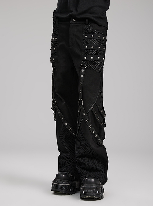 Personalized Black Stretch Twill Spliced Cracked Leather Front Removable Leather Tab With Metal Studs Embellished Punk Style Wide Leg Trousers