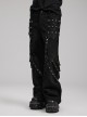 Personalized Black Stretch Twill Spliced Cracked Leather Front Removable Leather Tab With Metal Studs Embellished Punk Style Wide Leg Trousers