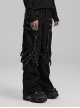 Personalized Black Stretch Twill Spliced Cracked Leather Front Removable Leather Tab With Metal Studs Embellished Punk Style Wide Leg Trousers