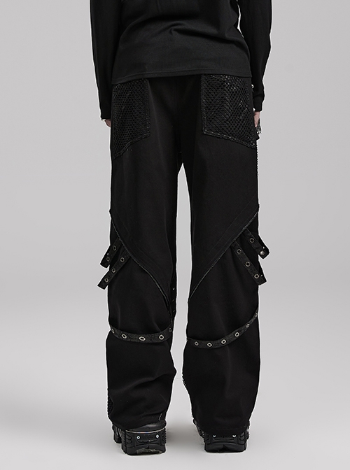 Personalized Black Stretch Twill Spliced Cracked Leather Front Removable Leather Tab With Metal Studs Embellished Punk Style Wide Leg Trousers