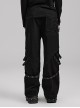 Personalized Black Stretch Twill Spliced Cracked Leather Front Removable Leather Tab With Metal Studs Embellished Punk Style Wide Leg Trousers