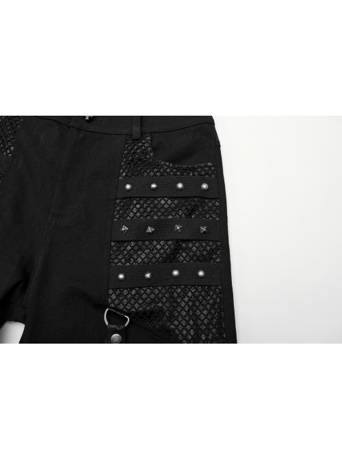 Personalized Black Stretch Twill Spliced Cracked Leather Front Removable Leather Tab With Metal Studs Embellished Punk Style Wide Leg Trousers