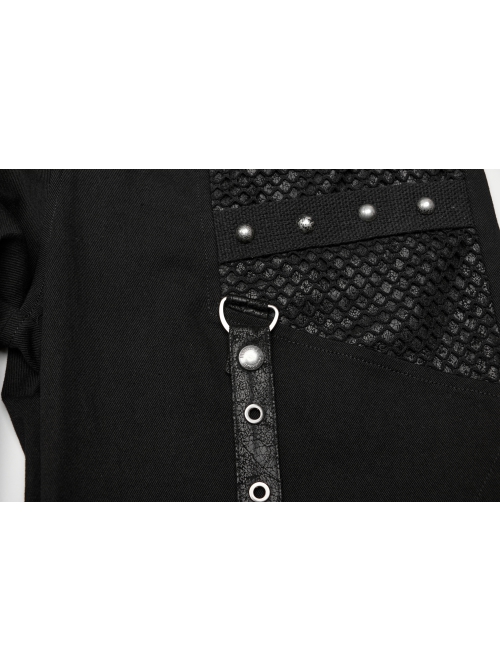 Personalized Black Stretch Twill Spliced Cracked Leather Front Removable Leather Tab With Metal Studs Embellished Punk Style Wide Leg Trousers