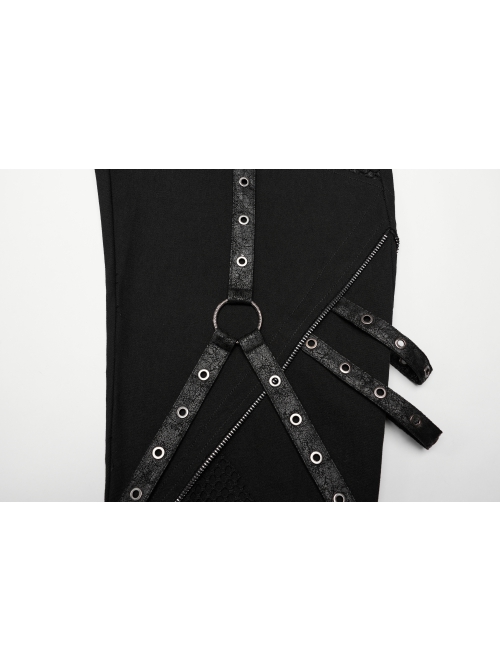 Personalized Black Stretch Twill Spliced Cracked Leather Front Removable Leather Tab With Metal Studs Embellished Punk Style Wide Leg Trousers