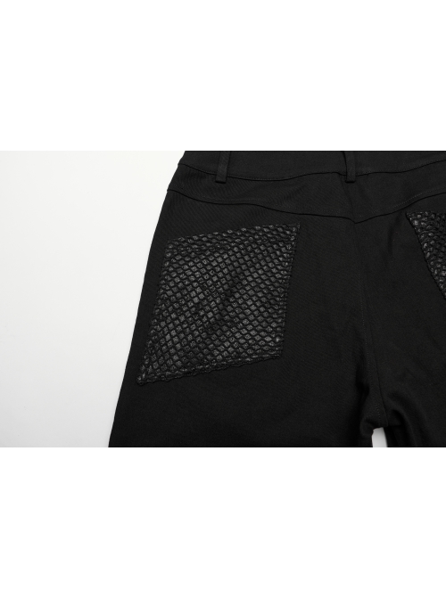 Personalized Black Stretch Twill Spliced Cracked Leather Front Removable Leather Tab With Metal Studs Embellished Punk Style Wide Leg Trousers