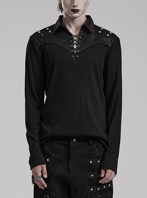 Black Stretch Knit Patchwork Taped Shirt Collar Front Eyelet String Punk Style Long Sleeved T-Shirt