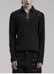 Black Stretch Knit Patchwork Taped Shirt Collar Front Eyelet String Punk Style Long Sleeved T-Shirt