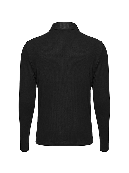 Black Stretch Knit Patchwork Taped Shirt Collar Front Eyelet String Punk Style Long Sleeved T-Shirt
