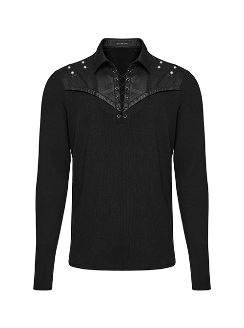 Black Stretch Knit Patchwork Taped Shirt Collar Front Eyelet String Punk Style Long Sleeved T-Shirt