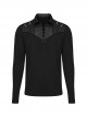 Black Stretch Knit Patchwork Taped Shirt Collar Front Eyelet String Punk Style Long Sleeved T-Shirt