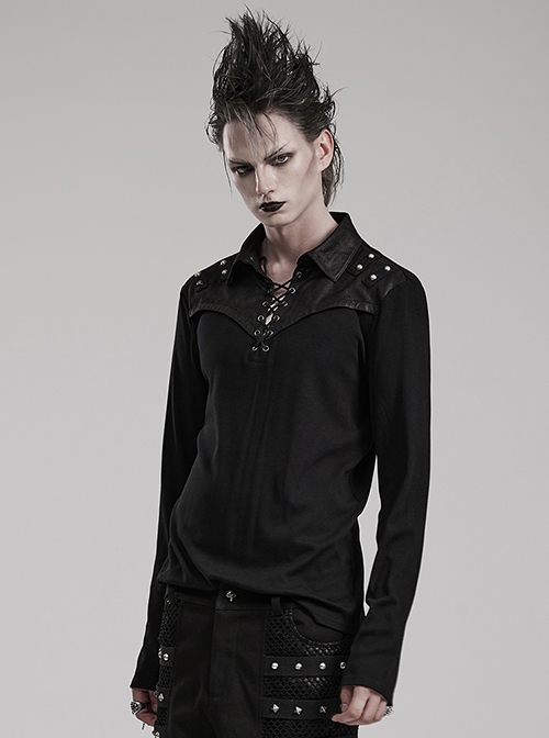 Black Stretch Knit Patchwork Taped Shirt Collar Front Eyelet String Punk Style Long Sleeved T-Shirt