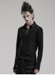 Black Stretch Knit Patchwork Taped Shirt Collar Front Eyelet String Punk Style Long Sleeved T-Shirt