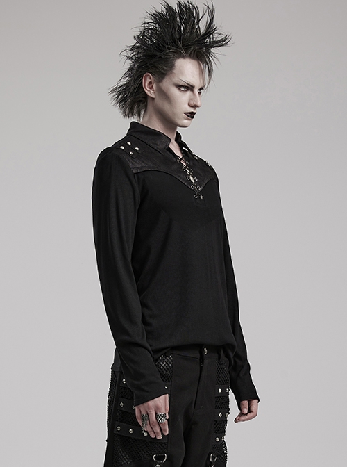 Black Stretch Knit Patchwork Taped Shirt Collar Front Eyelet String Punk Style Long Sleeved T-Shirt
