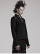 Black Stretch Knit Patchwork Taped Shirt Collar Front Eyelet String Punk Style Long Sleeved T-Shirt