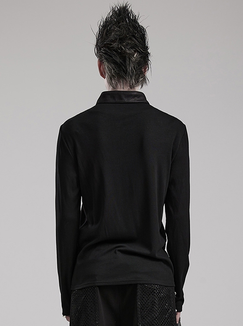 Black Stretch Knit Patchwork Taped Shirt Collar Front Eyelet String Punk Style Long Sleeved T-Shirt