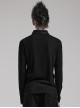 Black Stretch Knit Patchwork Taped Shirt Collar Front Eyelet String Punk Style Long Sleeved T-Shirt