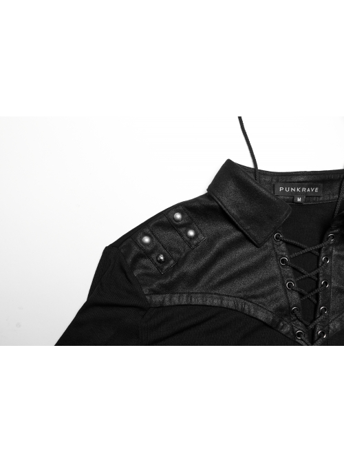 Black Stretch Knit Patchwork Taped Shirt Collar Front Eyelet String Punk Style Long Sleeved T-Shirt