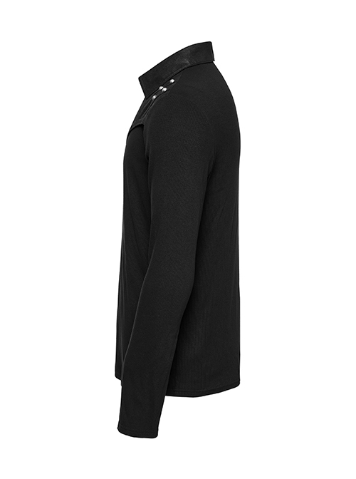 Black Stretch Knit Patchwork Taped Shirt Collar Front Eyelet String Punk Style Long Sleeved T-Shirt