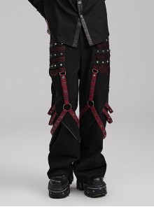 Personalized Black Red Stretch Twill Spliced Cracked Leather Front Removable Leather Tab With Metal Studs Embellished Punk Style Wide Leg Trousers