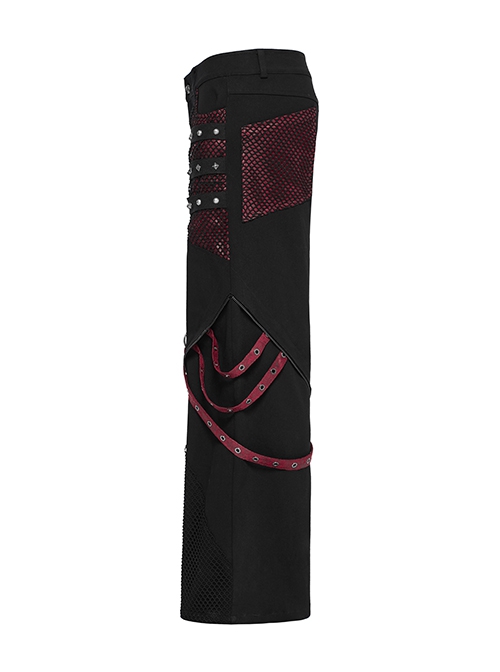 Personalized Black Red Stretch Twill Spliced Cracked Leather Front Removable Leather Tab With Metal Studs Embellished Punk Style Wide Leg Trousers