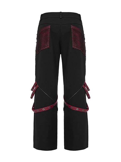 Personalized Black Red Stretch Twill Spliced Cracked Leather Front Removable Leather Tab With Metal Studs Embellished Punk Style Wide Leg Trousers