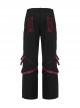 Personalized Black Red Stretch Twill Spliced Cracked Leather Front Removable Leather Tab With Metal Studs Embellished Punk Style Wide Leg Trousers