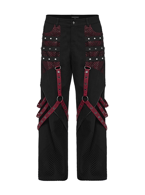 Personalized Black Red Stretch Twill Spliced Cracked Leather Front Removable Leather Tab With Metal Studs Embellished Punk Style Wide Leg Trousers