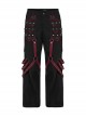 Personalized Black Red Stretch Twill Spliced Cracked Leather Front Removable Leather Tab With Metal Studs Embellished Punk Style Wide Leg Trousers
