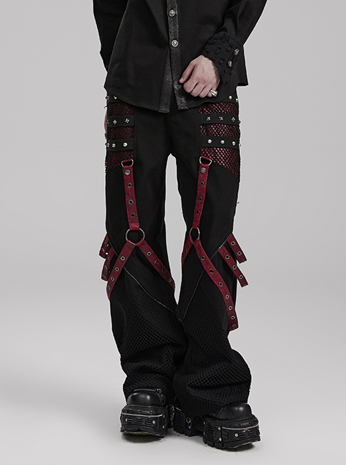 Personalized Black Red Stretch Twill Spliced Cracked Leather Front Removable Leather Tab With Metal Studs Embellished Punk Style Wide Leg Trousers