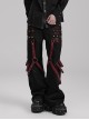 Personalized Black Red Stretch Twill Spliced Cracked Leather Front Removable Leather Tab With Metal Studs Embellished Punk Style Wide Leg Trousers