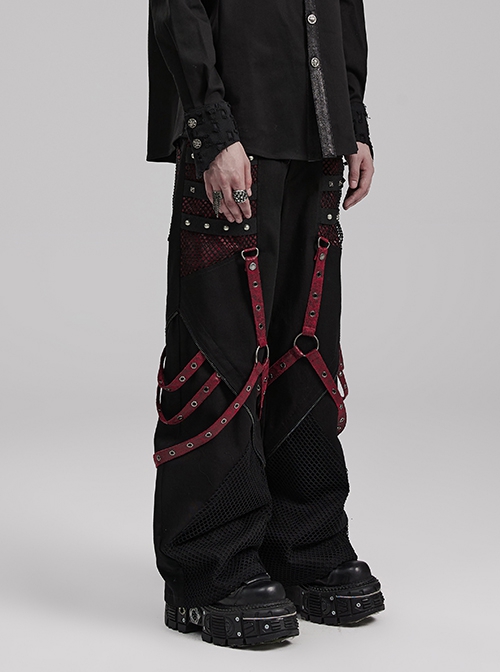Personalized Black Red Stretch Twill Spliced Cracked Leather Front Removable Leather Tab With Metal Studs Embellished Punk Style Wide Leg Trousers