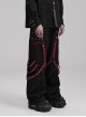 Personalized Black Red Stretch Twill Spliced Cracked Leather Front Removable Leather Tab With Metal Studs Embellished Punk Style Wide Leg Trousers