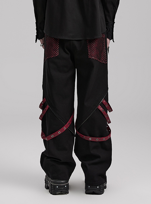 Personalized Black Red Stretch Twill Spliced Cracked Leather Front Removable Leather Tab With Metal Studs Embellished Punk Style Wide Leg Trousers