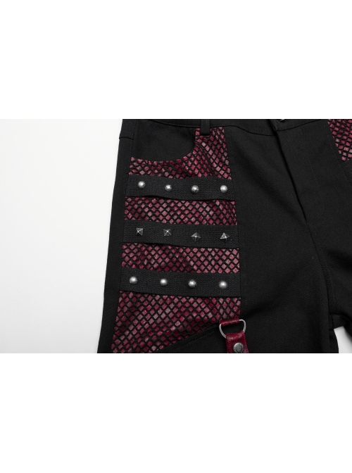 Personalized Black Red Stretch Twill Spliced Cracked Leather Front Removable Leather Tab With Metal Studs Embellished Punk Style Wide Leg Trousers