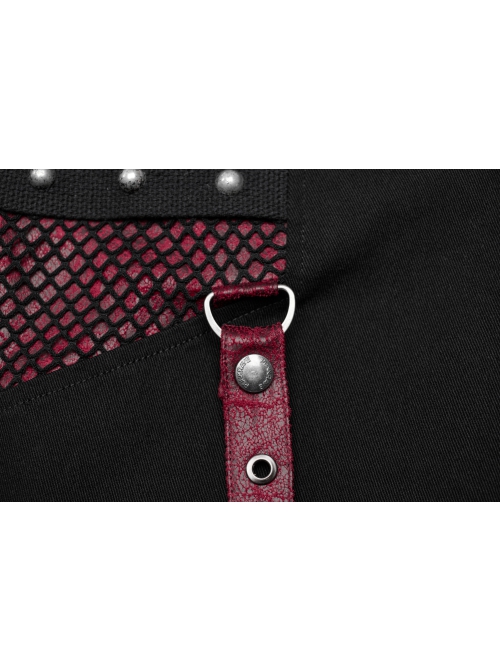 Personalized Black Red Stretch Twill Spliced Cracked Leather Front Removable Leather Tab With Metal Studs Embellished Punk Style Wide Leg Trousers