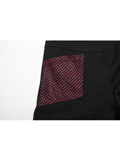 Personalized Black Red Stretch Twill Spliced Cracked Leather Front Removable Leather Tab With Metal Studs Embellished Punk Style Wide Leg Trousers
