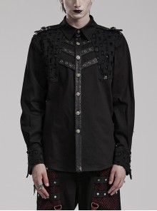 Symmetrical Black Micro Elastic Twill Hollow Hole Punk Style Decadent Long Sleeved Shirt
