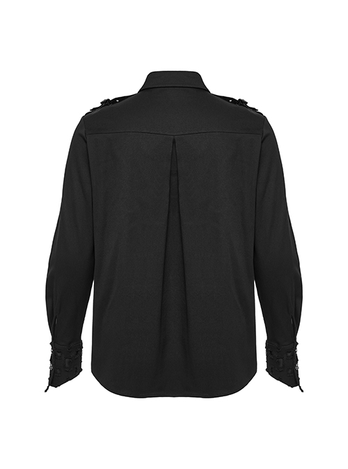 Symmetrical Black Micro Elastic Twill Hollow Hole Punk Style Decadent Long Sleeved Shirt