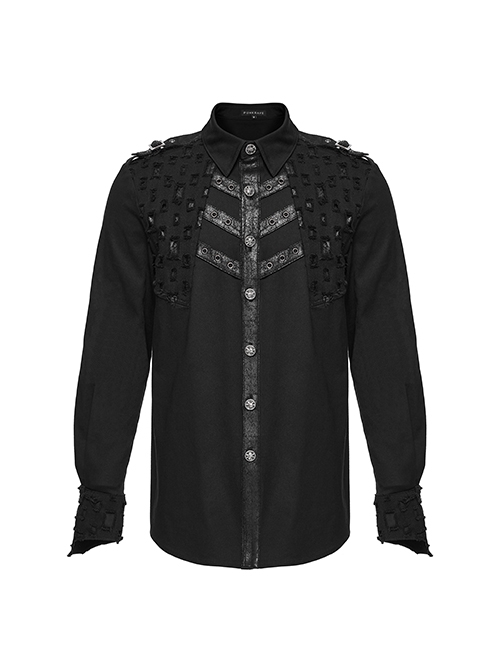 Symmetrical Black Micro Elastic Twill Hollow Hole Punk Style Decadent Long Sleeved Shirt