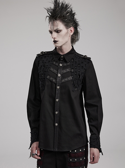 Symmetrical Black Micro Elastic Twill Hollow Hole Punk Style Decadent Long Sleeved Shirt
