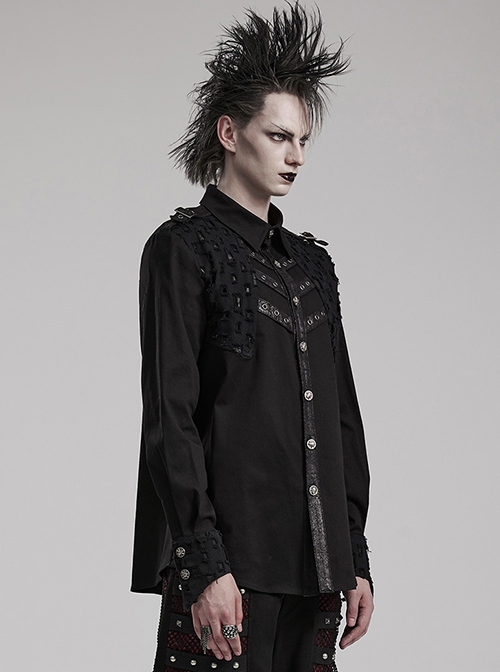 Symmetrical Black Micro Elastic Twill Hollow Hole Punk Style Decadent Long Sleeved Shirt