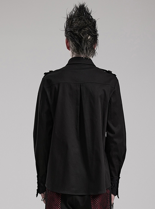 Symmetrical Black Micro Elastic Twill Hollow Hole Punk Style Decadent Long Sleeved Shirt