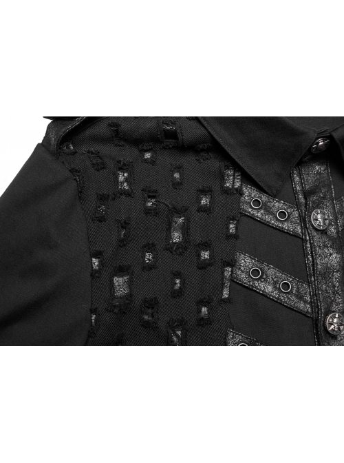 Symmetrical Black Micro Elastic Twill Hollow Hole Punk Style Decadent Long Sleeved Shirt